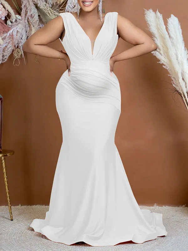 Momnfancy Ruched Solid Color Mermaid V-neck Bodycon Elegant Photoshoot Gown Baby Shower Maternity Maxi Dress