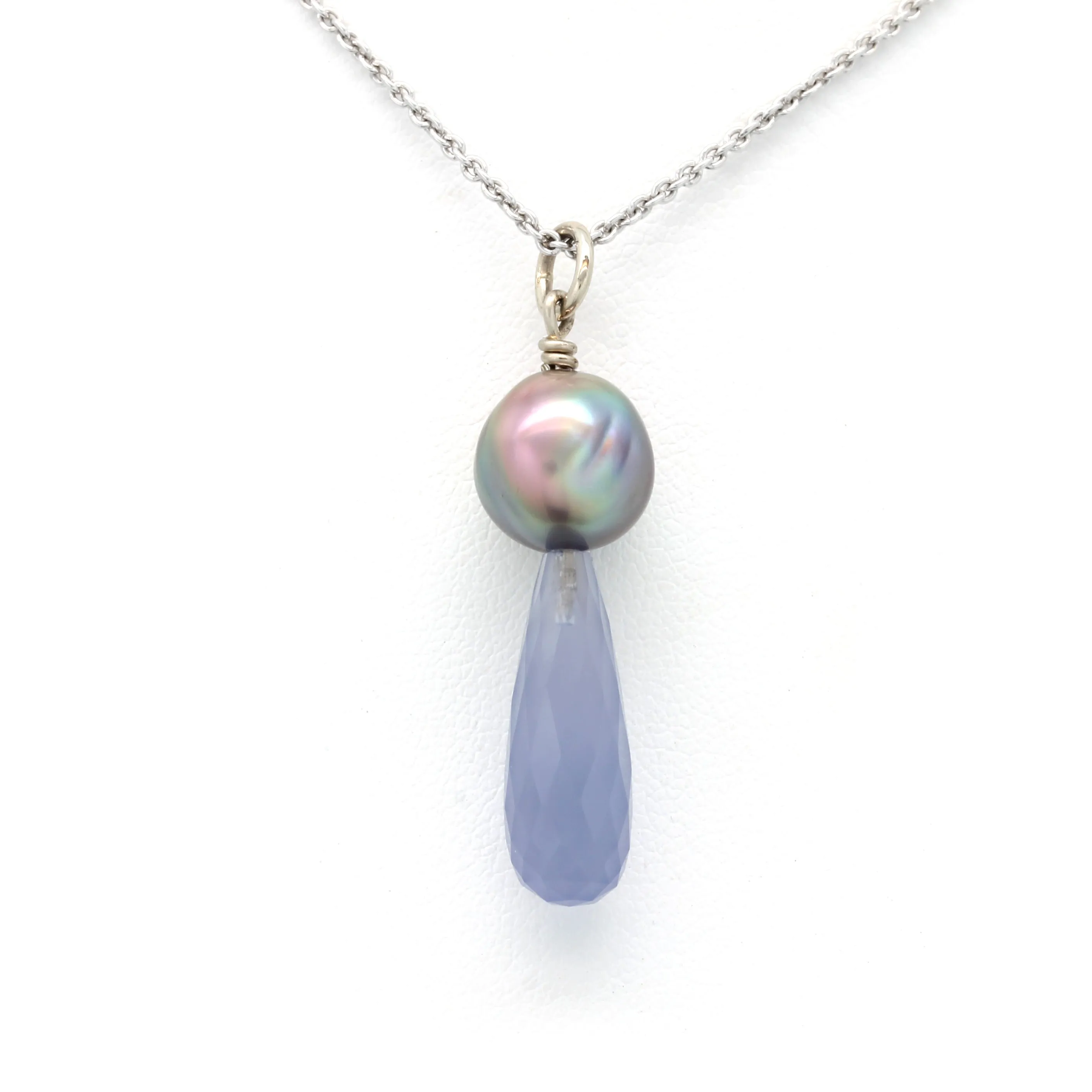 Multicolored Green/Pink Cortez Pearl on White Gold Pendant with a Heavenly-Blue Chalcedony