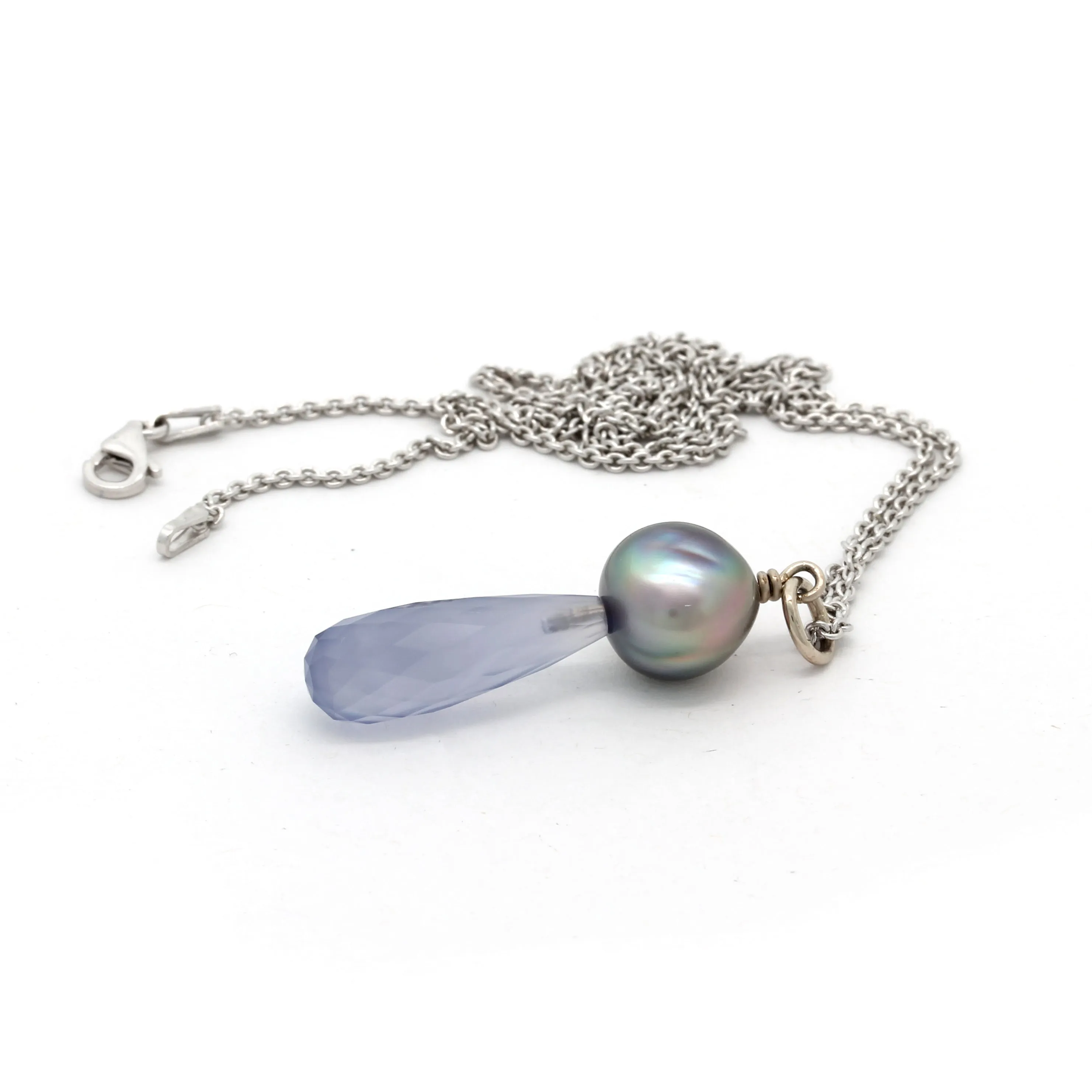 Multicolored Green/Pink Cortez Pearl on White Gold Pendant with a Heavenly-Blue Chalcedony