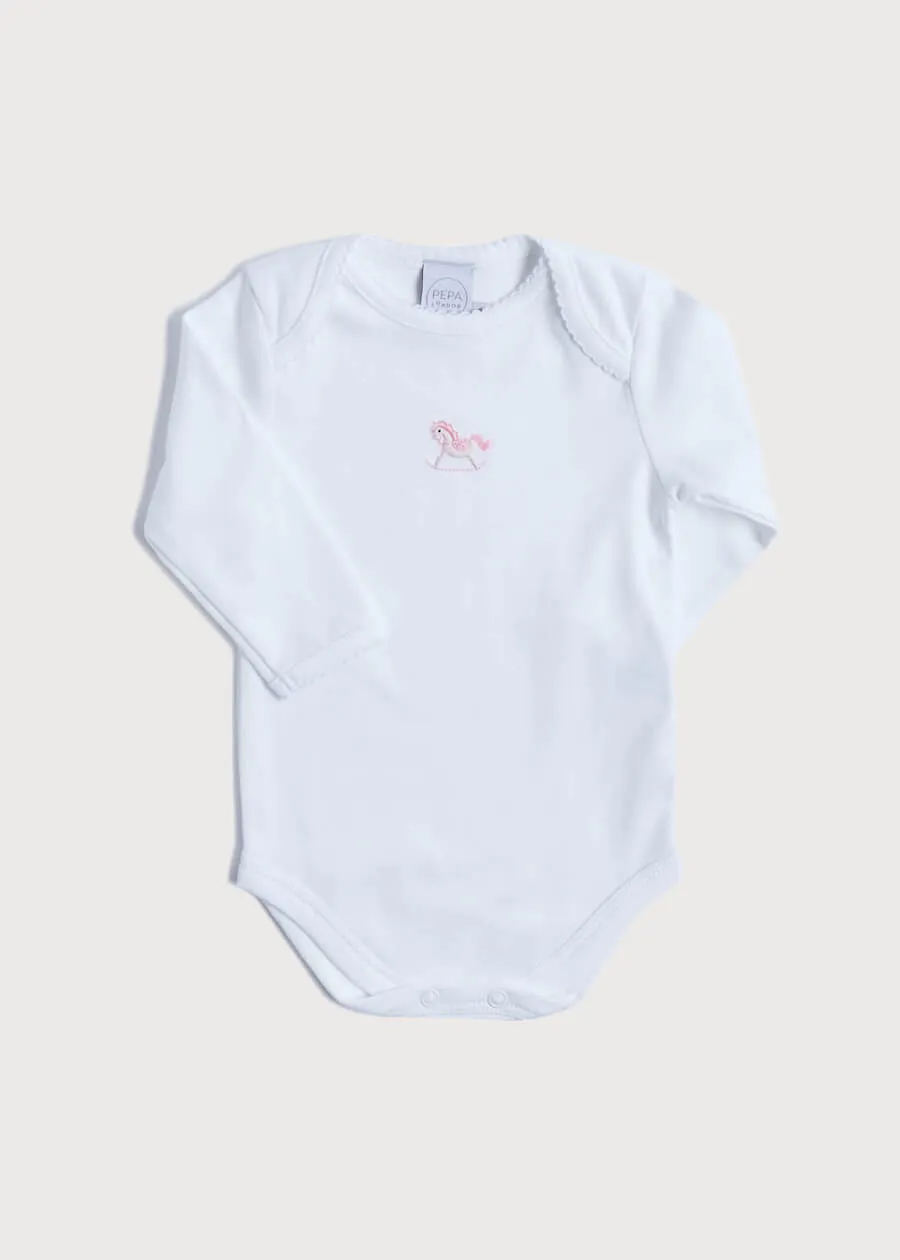 Newborn American Collar Bodysuit With Rocking Horse Embroidery Pink (0-3mths)