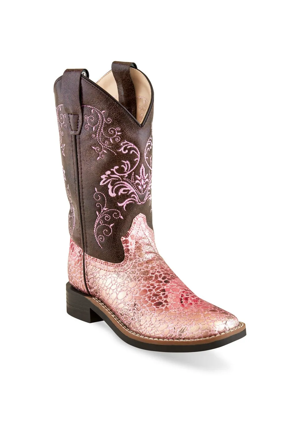 Old West Antique Pink/Crackle Children Girls Faux Leather Cowboy Boots