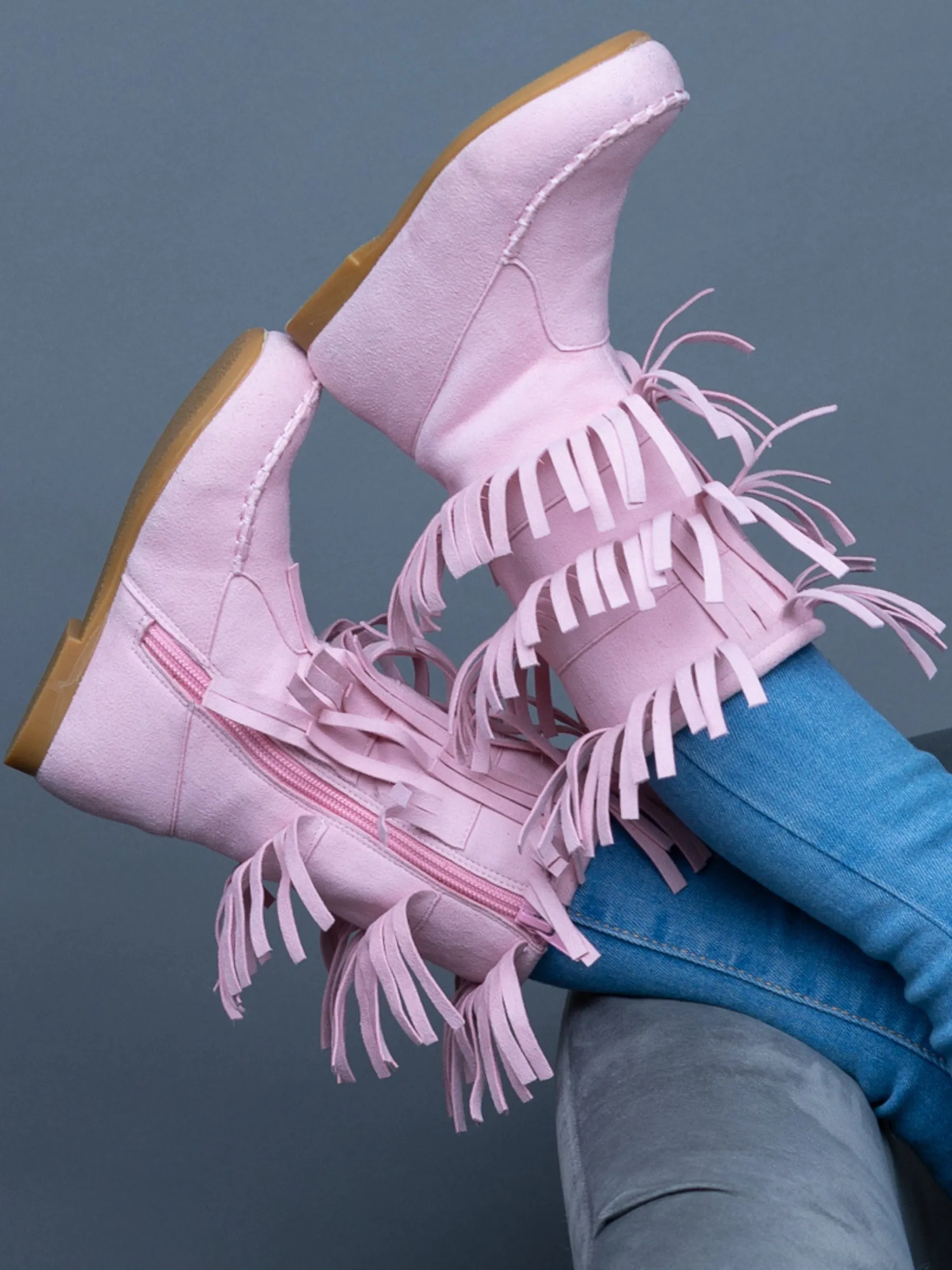 Pink Suede Tiered Fringe Boots By Liv and Mia