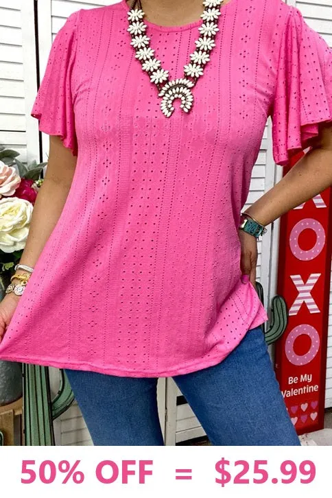 S, L, 3X Pink eyelet top with ruffle sleeves