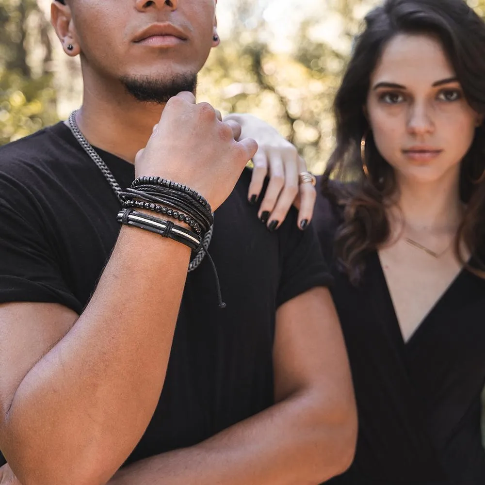 Set of Four Suede and Wood Bracelet Black/Cream