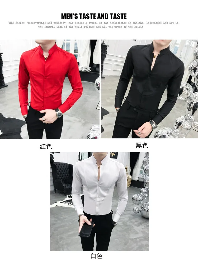 Sexy Solid Polyester Stand Collar Slim Fit Long Sleeve Shirt for Men