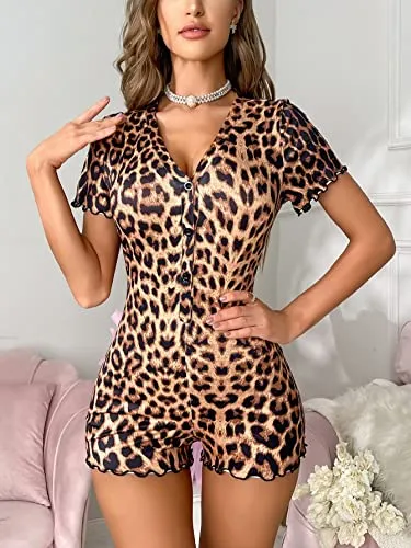 SHENHE Women's V Neck Short Sleeve Romper Playsuit Bodysuit Onesie Pajama Button Up Romper Leopard M