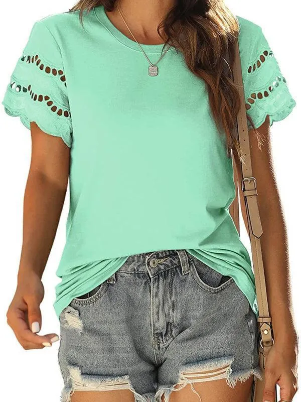 Short Sleeve Solid Lace Knit Women Top