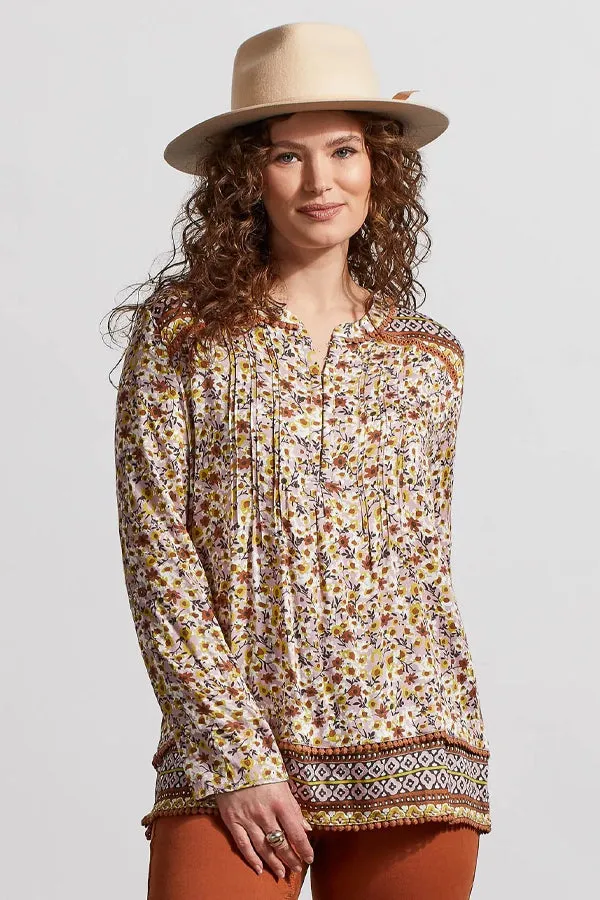 Tribal Roll-Sleeve Pintuck Blouse