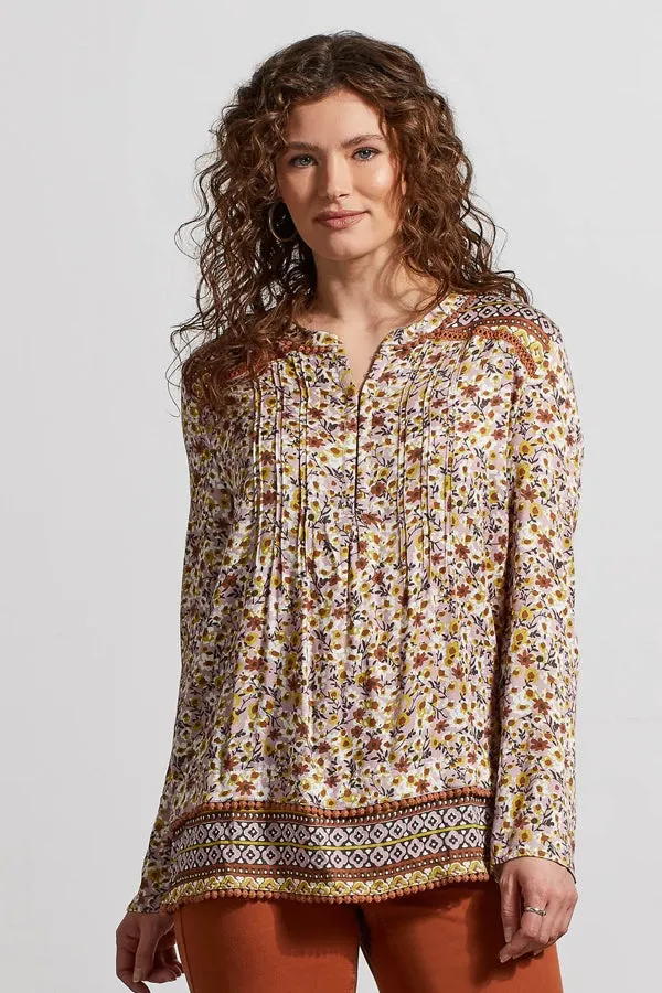 Tribal Roll-Sleeve Pintuck Blouse