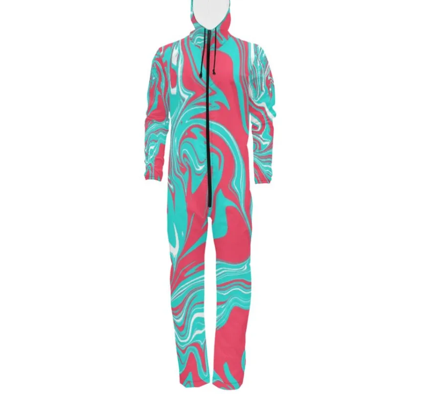 Turquoise Pink and White 90s Fiesta Waterproof Hazmat Suit Onesie Jumpsuit (Tall Fit) *Ready To Ship**USA Only*