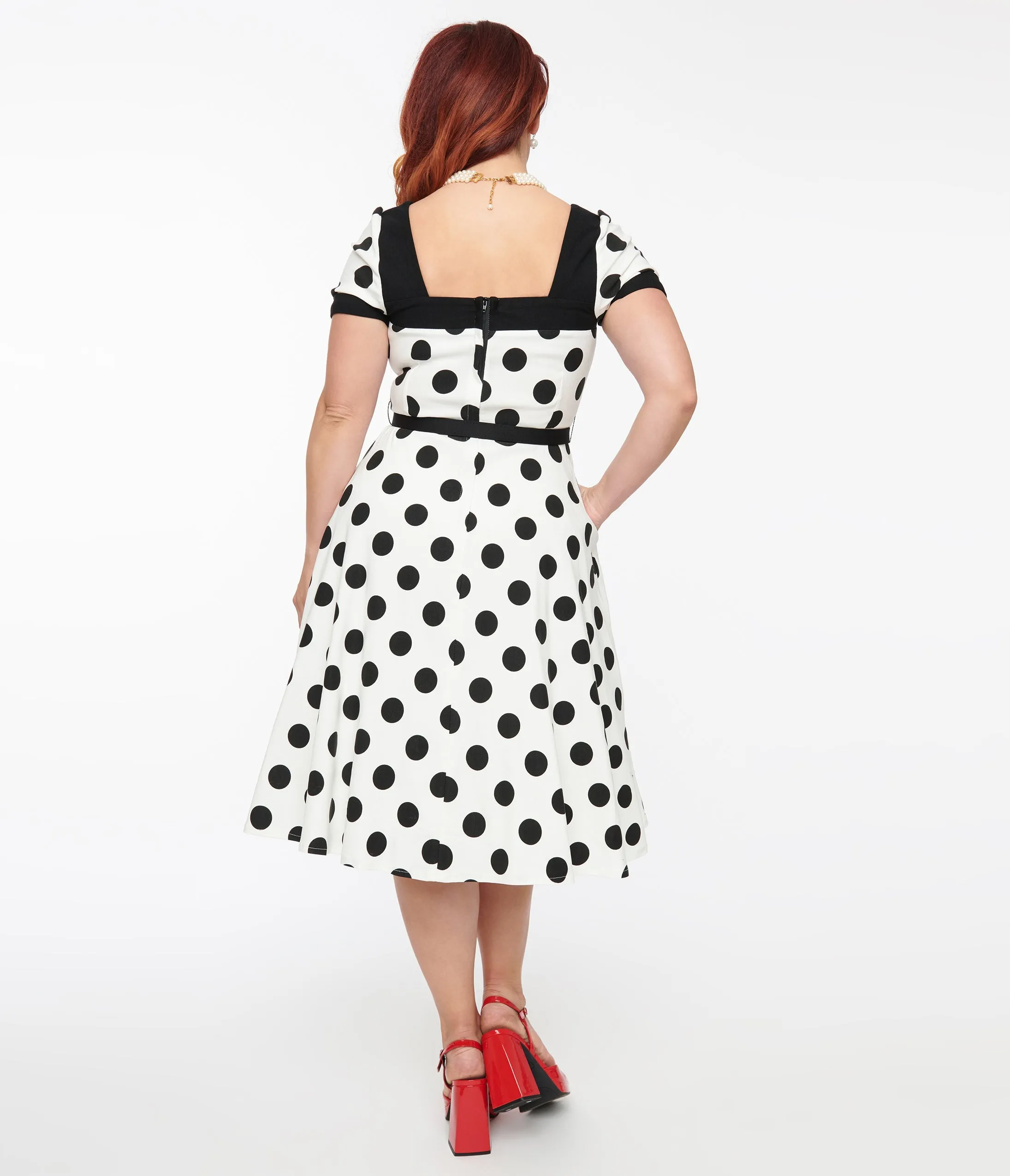 Unique Vintage 1950s White & Black Polka Dot Swing Dress