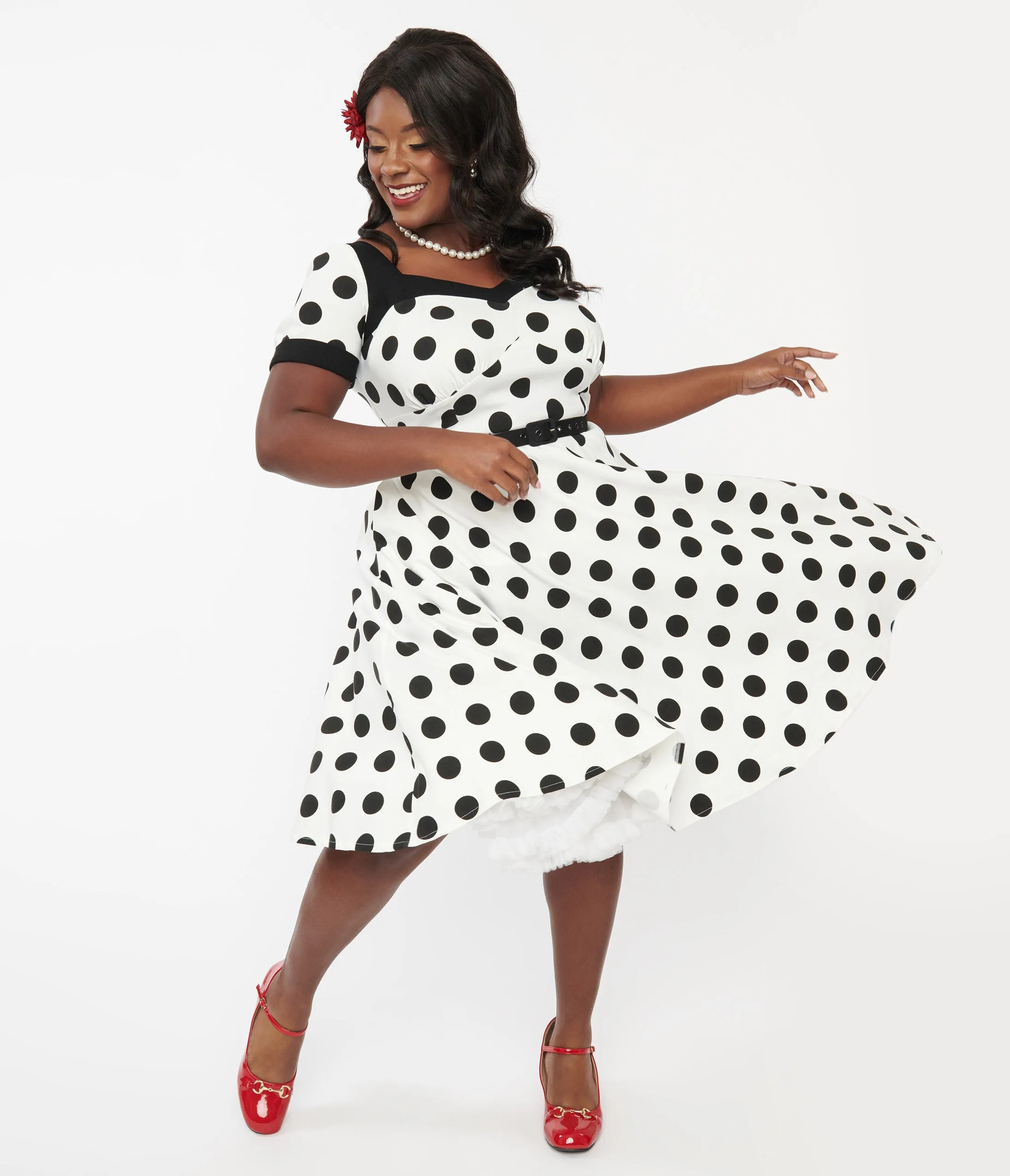 Unique Vintage Plus Size 1950s White & Black Polka Dot Swing Dress