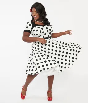 Unique Vintage Plus Size 1950s White & Black Polka Dot Swing Dress