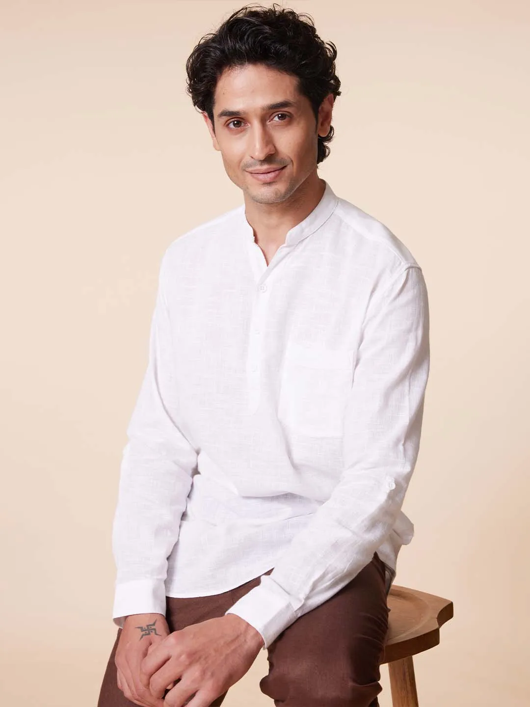 V-Neck Diamond Pocket White Shirt - Vedic