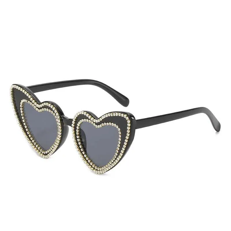 Women's Designer Heart Bling Crystal Diamond Luxury Eyewear Sunglasses