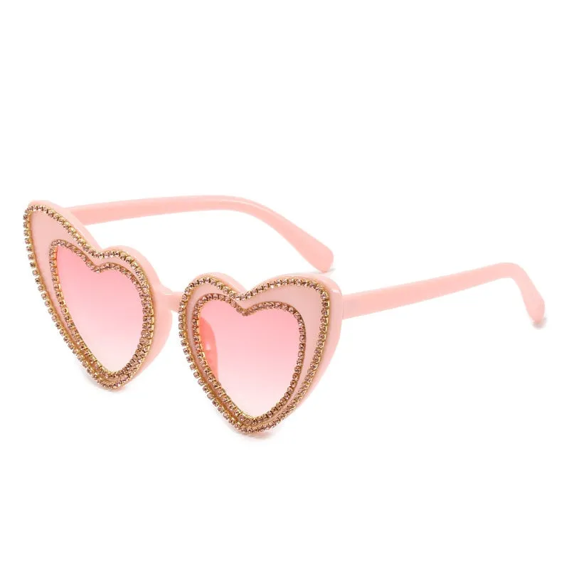 Women's Designer Heart Bling Crystal Diamond Luxury Eyewear Sunglasses