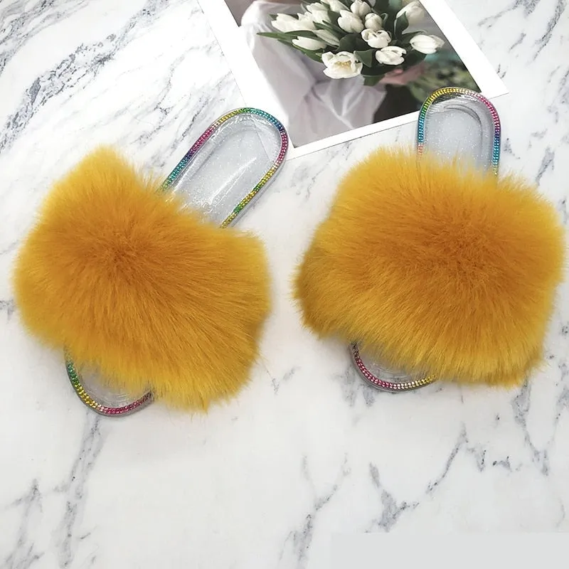 Women's Summer Fashion Apricot Synthetic Fur Slides House Slippers