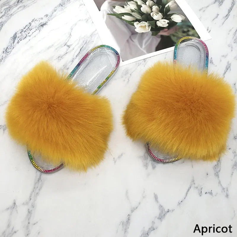 Women's Summer Fashion Apricot Synthetic Fur Slides House Slippers