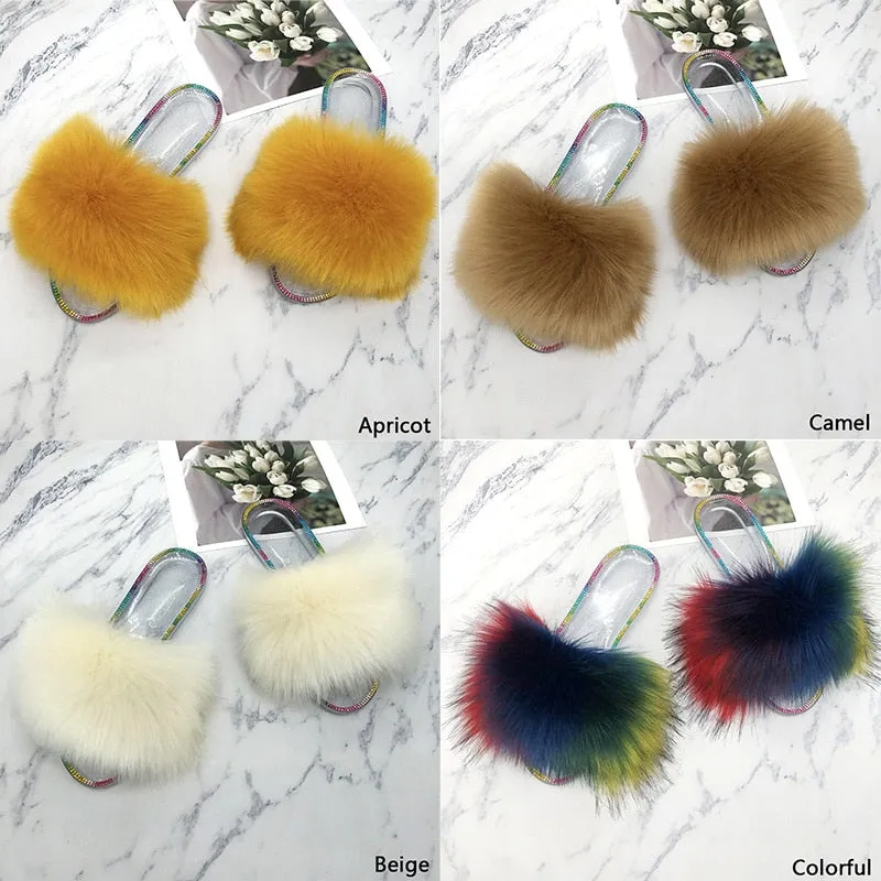 Women's Summer Fashion Apricot Synthetic Fur Slides House Slippers