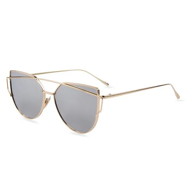 Women's Twin Beam Cat Eye Sunglasses with Rose Gold Flat Mirror Lens